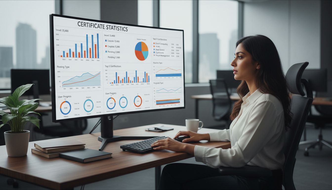 Professional reviewing powerful analytics dashboard with certificate metrics